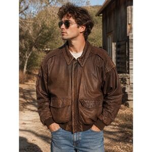 Vtg 90s Midway Genuine Leather Bomber Flight Jacket Men's Small Brown Distressed